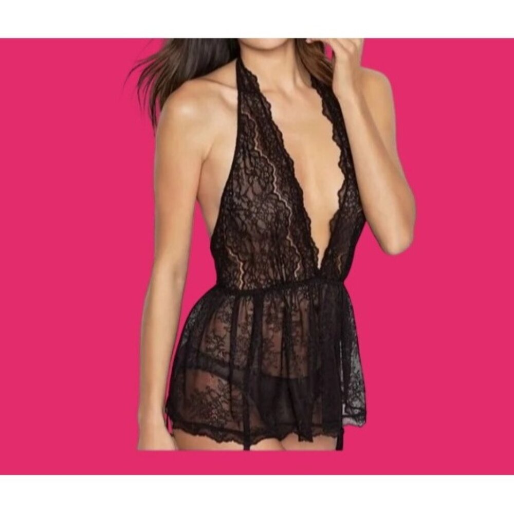 Victoria's Secret black lace halter babydoll lingerie w/garter straps - New! Lg